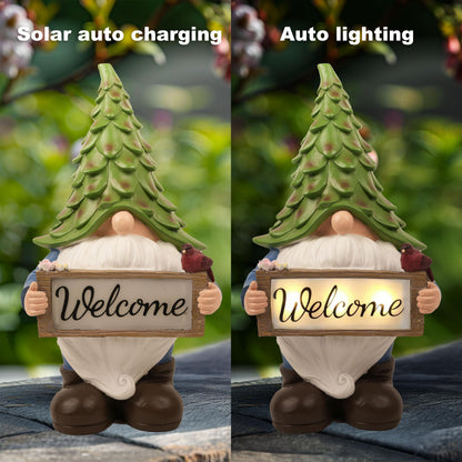 hvfun Large Garden Gnome Statue with Solar Lights, 13.5” Welcome Sign Gnome Outdoor Decor for Yard Lawn Patio, Funny Resin Gnome Sculptures, Gifts for Women Mom Grandma,Garden Decor Ornament