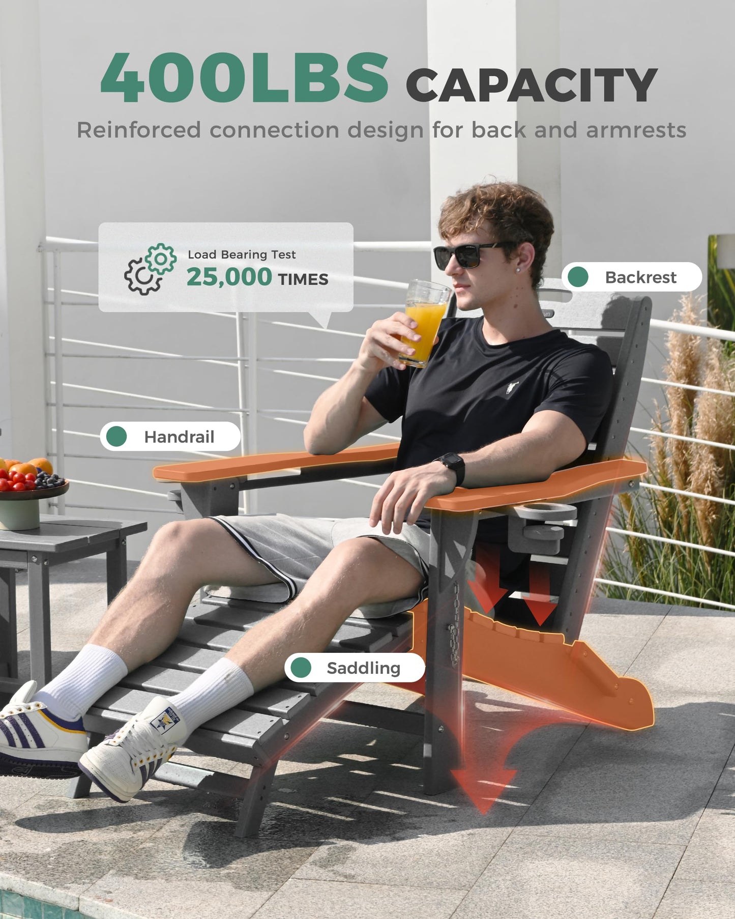 SUUNYN Folding Adirondack Chair with Retractable Ottoman, Weather Resistant Fire Pit Chair Patio Chair with 2 Cup Holder Lawn Outdoor Lounge Chair (Grey)