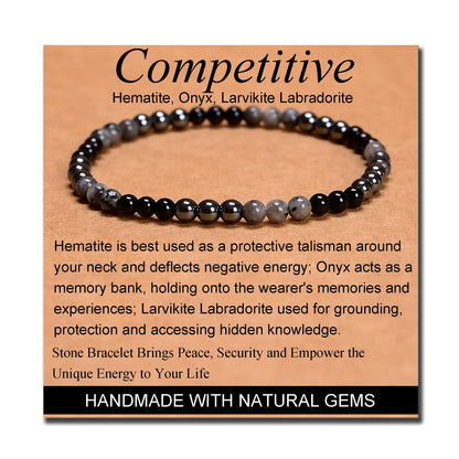 MASSIVE BEADS Hematite Onyx Larvikite Labradorite - Competitive Handmade Handmade Yoga Stretch Elastic Bracelet Natural Stone Crystal Healing Power Energy Gifts for Unisex Adult 4mm