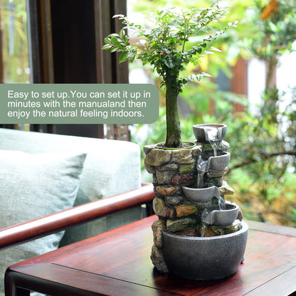 Haobos Indoor Fountain 4-Bowl Rockery Soothing Sound Tabletop Fountains Home/Office Decor Gift for Mom,Mother Day Present with A Small Plastic Pot to Grow Plant/Hebs By Yourself (Automatic Watering)