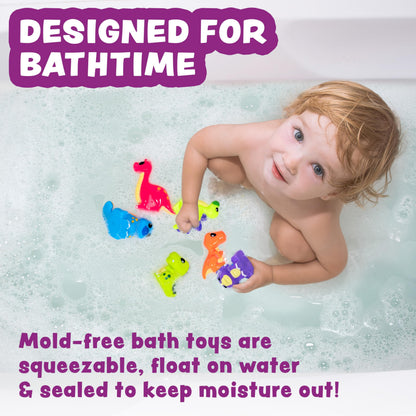 Tub Works® Dinosaur Mold Free Bath Toys, 6 Pack | Sealed, No Hole Bath Toys Design Keeps Moisture Out | Soft, Squeezable & Float on Water | Easy-Grip Baby & Toddler Bath Toy Set | Great Baby Pool Toys