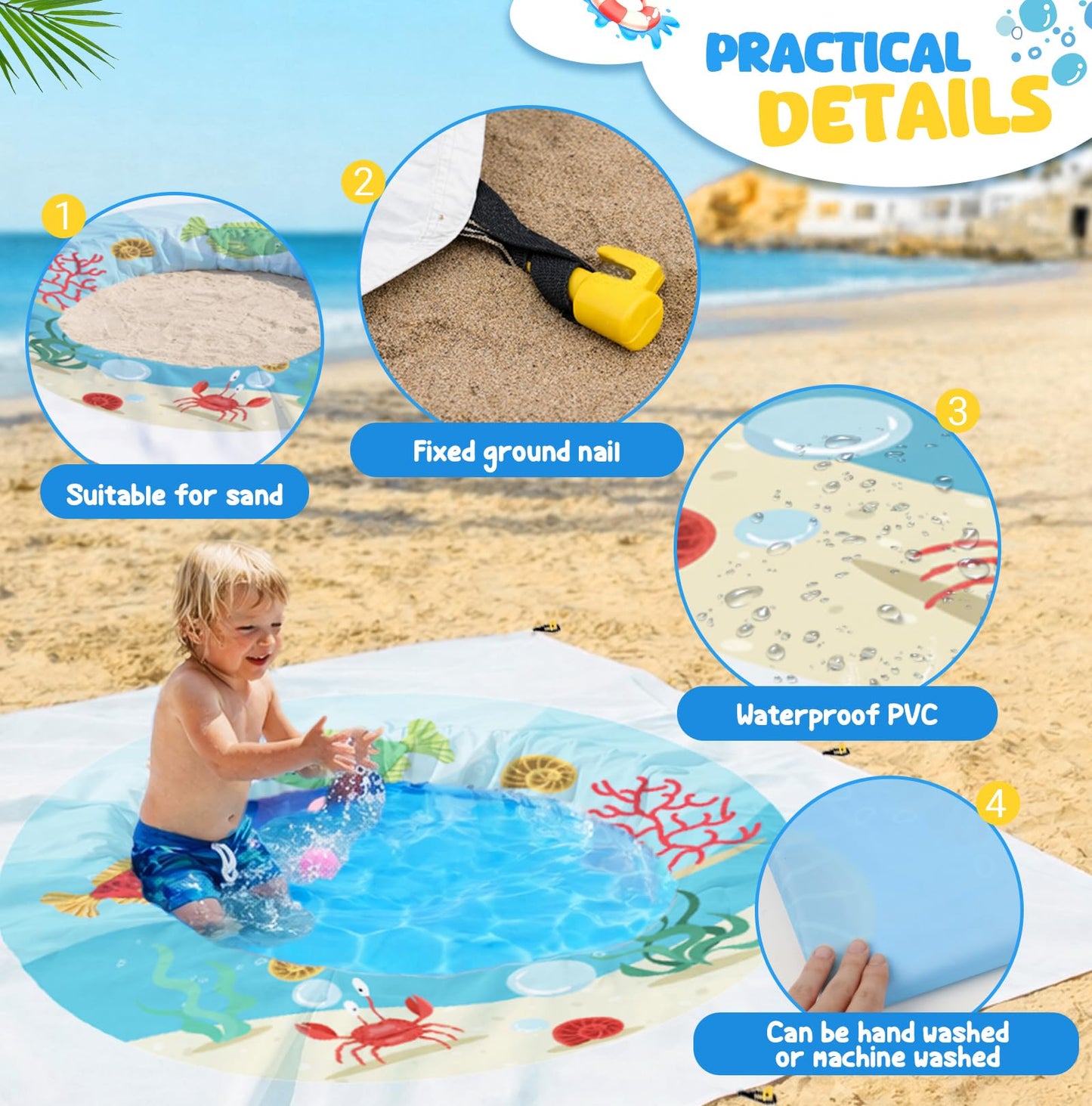 Baby Beach Pool，Kiddie Pool and Beach Blanket，2 in 1 Toddler Paddling Pool，Beach Toys for Infant Kids Boys and Girls with Portable Water Bag