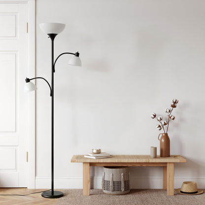 Brightech Sky Dome Double LED Floor Lamp, Torchiere Super Bright Floor Lamp with 2 Reading Lamps for Living Rooms & Offices - Dimmable Tall Standing Lamp for Bedroom Reading - Tall Black Pole