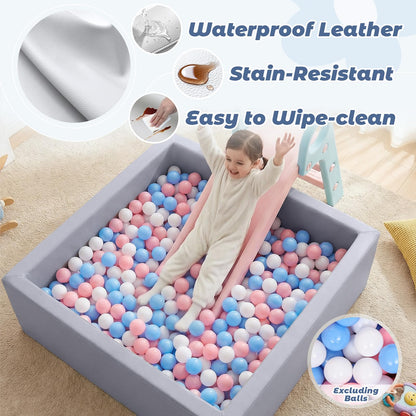 Leather Foam Ball Pit for Toddlers: Waterproof Baby Ball Pit with Soft Memory Foam - Large Soft-Play Set for Baby Playpen Indoor Outdoor Games - Ideal Gifts Toys for Boys Girls (Rectangle)