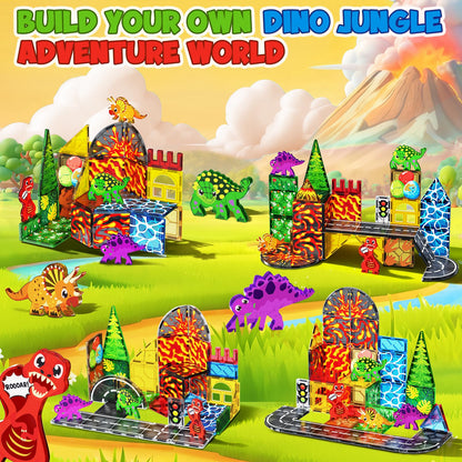 Magnetic Tiles with 4 Dinosaur Toys - Jurassic Scenes Dino World Magnet Tiles for Kids, Magnetic Building Blocks Set for Boys Girls Ages 3+, Sensory Toddler Creative Games Birthdays Gifts