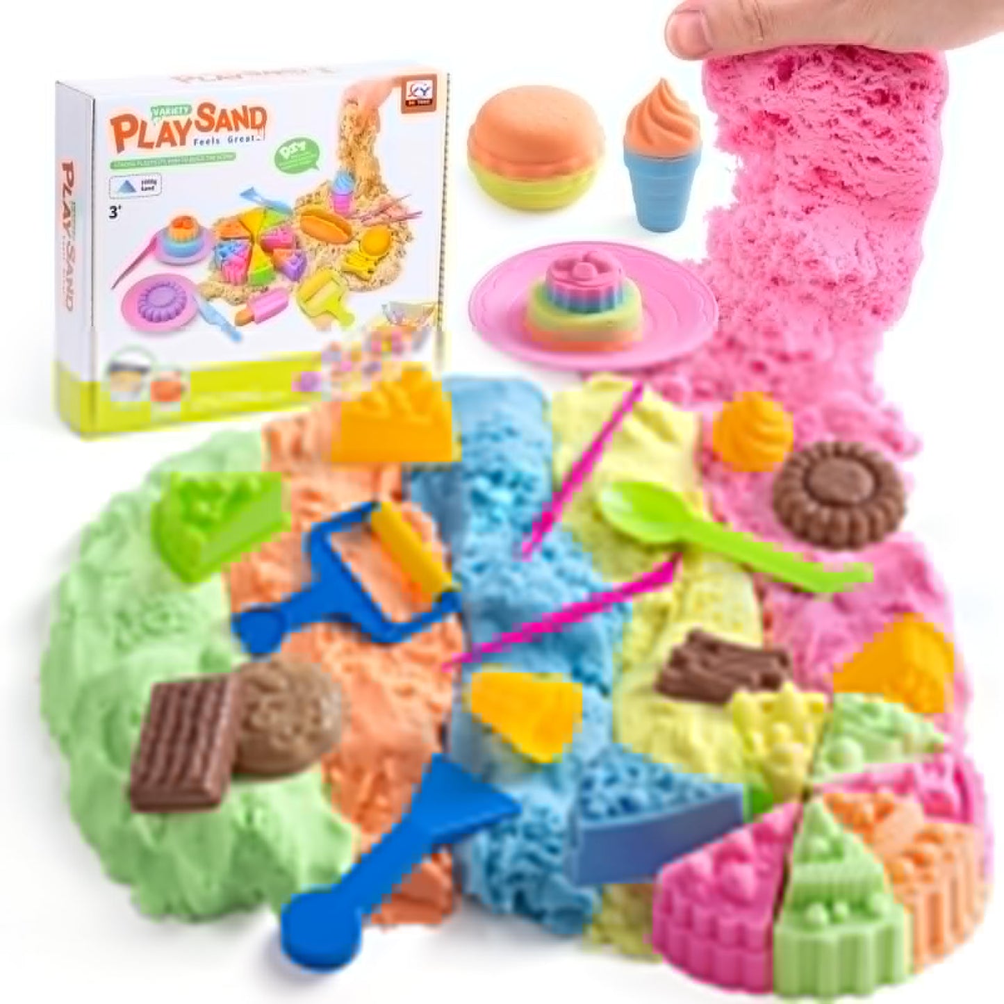 Crelloci Food Theme Magic Play Sand Kit for Kids – 2.2lb Sensory Play Sand with Burger, Hot Dog, Chips, Cake & Ice Lolly Moulds, Cutters, Roller, Fork & Spoon – Creative Sand Toys for Kids Age 3+
