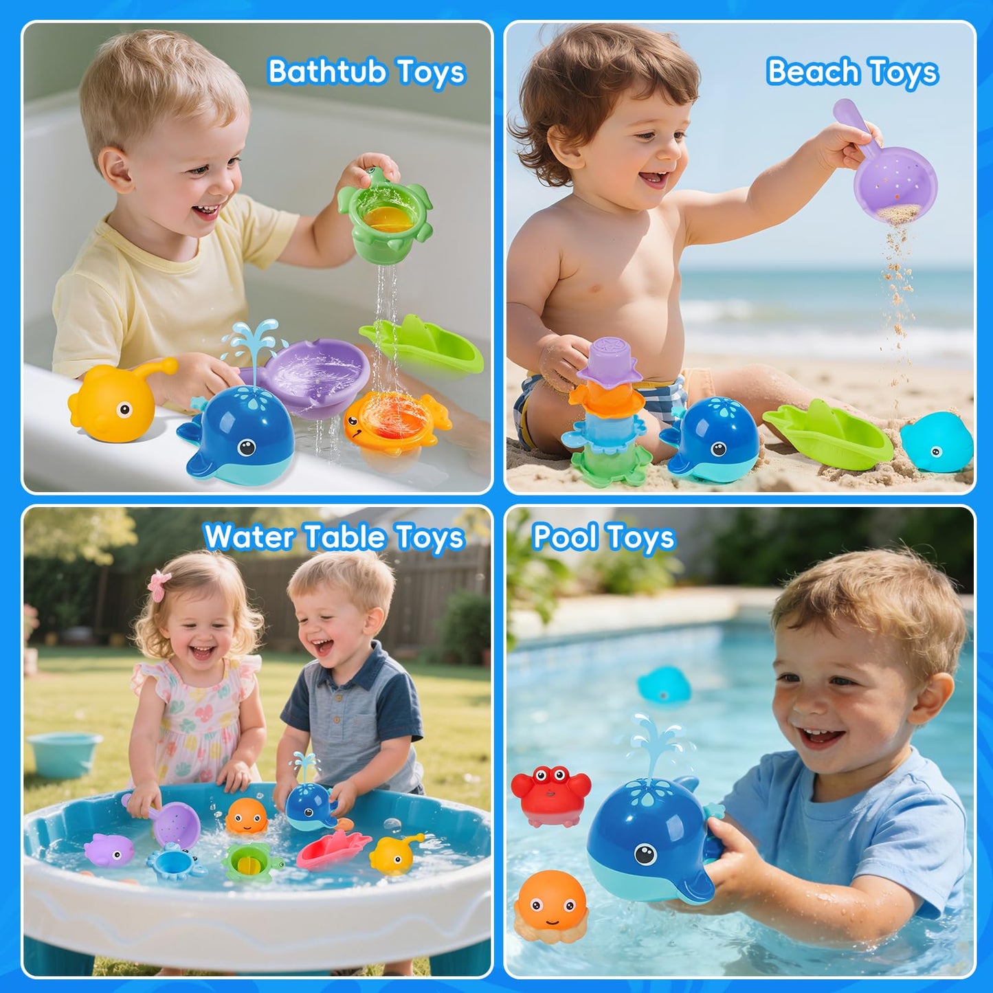 Baby Bath Toys for Kids Ages 1-3, 17PCS Mold-Free Toddler Bath Toys, Colorful Bath Boats & Stacking Cups &Whale Bath Toy, No Hole Floating Tub Toy and Storage Bag, Baby Pool Water Table Toys