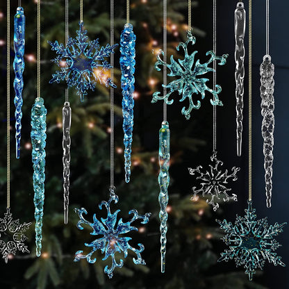 VGOODALL 36PCS Clear Snowflake & Icicle Ornaments, Acrylic Christmas Tree Decorations with Gold & Silver Strings Winter Wedding/Party/DIY Decor