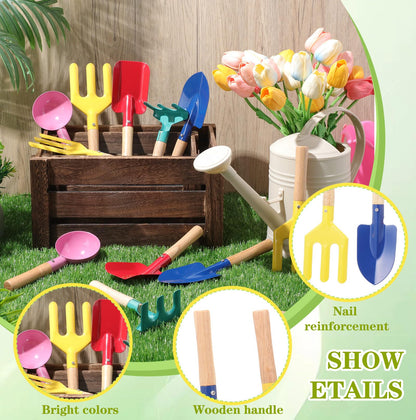 Motionchic 30 Pcs Children Beach Sand Toys Kids Gardening Tools Set Metal Including Shovel, Rake, Fork and Trowel, Summer Beach Sandbox Digging Toys for Kid with Wooden Handle Hoe Outdoor Gift
