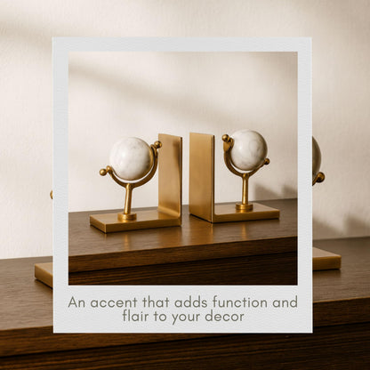 Set of 2 Marble Globe Bookends – Decorative Shelf Decor with Metal Structure and White Marble Base – Modern Home Decor Accent for Bookshelves Desks and Office Styling, 65", Gold & White