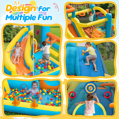 Inflatable Bounce House for Kids Inflatable Water Park with 550W Blower, Ball Shooting, Climbing Wall, Jumping, Kids Bouncy Castle for Outdoor Indoor Backyard Water Slide Summer Party 12 * 9.7 * 7FT