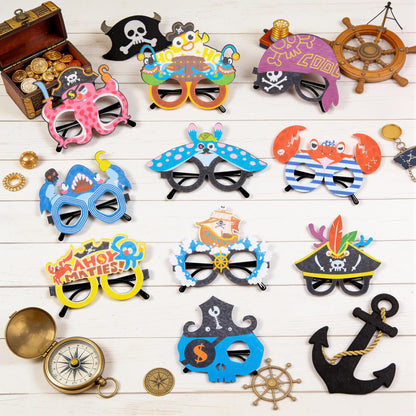 Winrayk 12 Pack Reusable Pirate Felt Glasses Bulk, Pirate Party Decorations & Party Favors, Kids Adults Summer Beach Birthday Holiday Daily Eyeglasses Photo Booth Props Halloween Cosplay Accessories