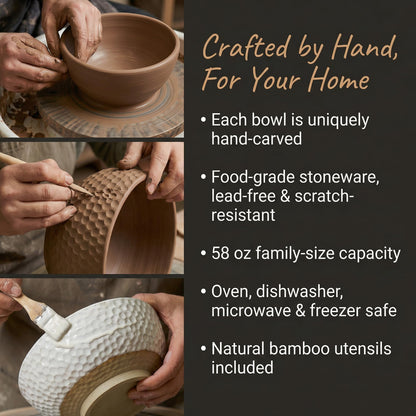 Wgtalation Large Ceramic Dinner Bowl Set - 2-Piece Handmade Salad Bowl Set, 58 oz Each, Dishwasher and Oven Washable, Vanilla White 9.5”