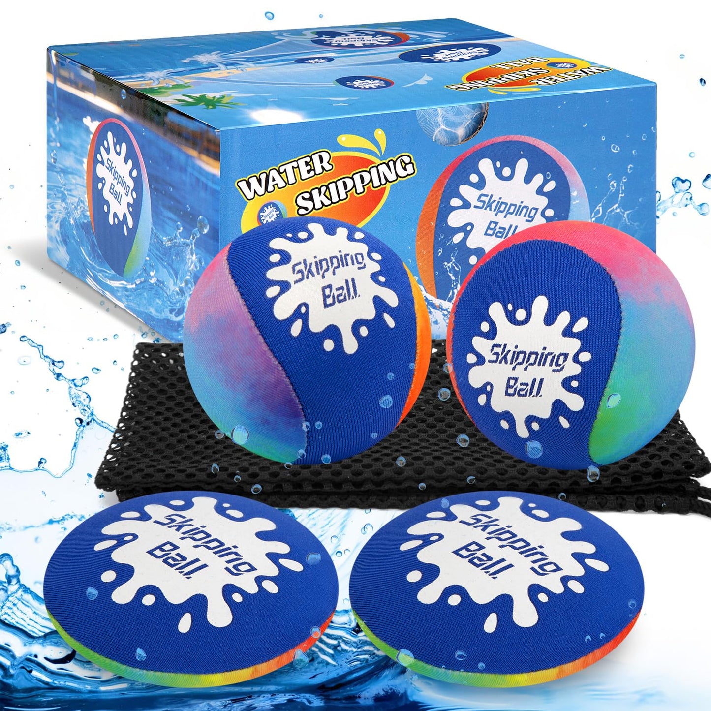 Korlon Skipping Water Ball, 4 Pack Water Bouncing Balls for Pool, Colorful Pool Toys for Swimming Game Summer Fun Lake Beach, Water Balls Toys with Mesh Bag