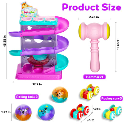 2-in-1 Rolling Ball & Car Ramp Race Track for Toddlers, Hammer Ball Drop Toy for Boys & Girls, Interactive Playset w/Sensor Lights - Montessori STEM Learning Toys for Kids 1-5+ Year Old