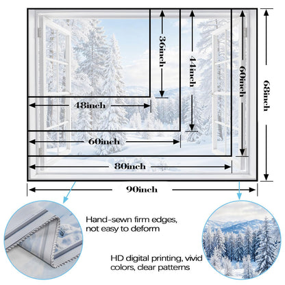 Lifeella Winter Snow Window Tapestry, Forest Outdoor Landscape Christmas Wall Backdrop, Snowy Mountain Mural for Living Room Bedroom Decor, White 36x48 inches