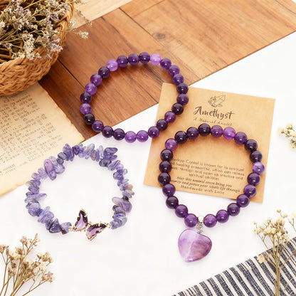 Sdfvsdg Healing Crystal Beaded Bracelet for Women Amethyst Gemstone Anxiety Stress Relief Charm Bracelet Butterfly Heart Charm Healing Stone Jewelry Gifts for Birthday Mothers Day Valentine