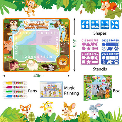 BlissfulBlend Water Doodle Mat Kids Mess Free Coloring for Toddlers 3 4 5 6 7 8 9 Years, 19 Pack Educational Toys, Doodle Mat with Magic Water Pens Boys Girls Christmas Birthday Holiday Present