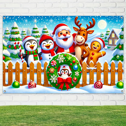 BlissYard Christmas Banner with Santa Claus Penguin Reindeer Gingerbread Snowman Scene Christmas Banner 71x43 Inch Cute Cartoon Holiday Backdrop for Xmas Party Indoor Outdoor Wall Yard Fence Decor