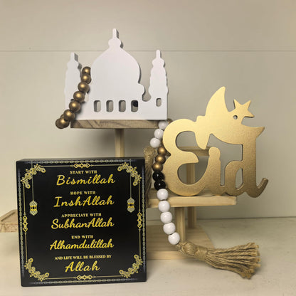 Dazingart Ramadan Decorations Eid Mubarak Table Decor for Home, Islamic Ramadan KareemTiered Tray Decor for Muslim Party Tabletop Decor with Gold Wood Beads Garland with Tassels (Eid)