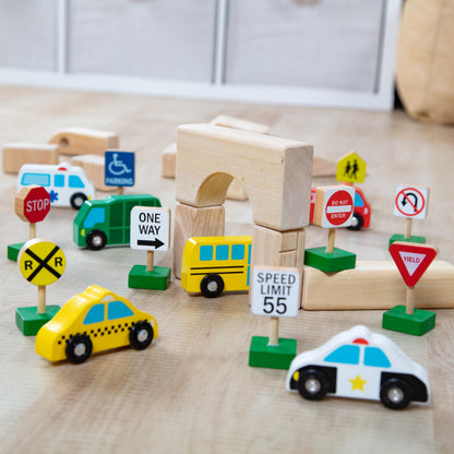Melissa & Doug Wooden Vehicles and Traffic Signs with 6 Cars and 9 Signs