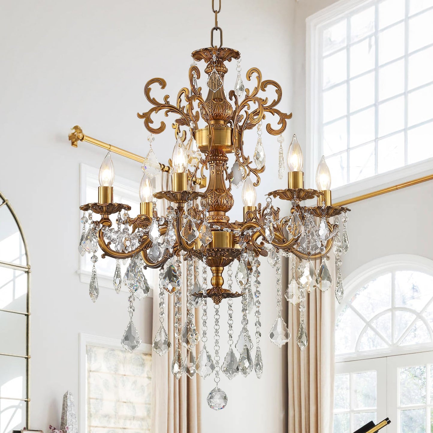 MEELIGHTING Luxury Antique Bronze Crystal Chandeliers with Candle Pendant Ceiling Light Fixture - 6 Lights Gold Crystal Chandelier for Dining Room, Living Room, Kitchen, Bedroom - D23 inch