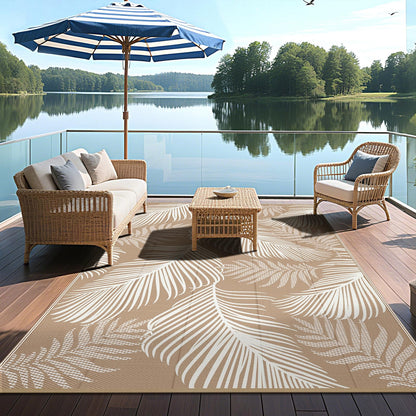 Pauwer Waterproof Outdoor Rug 5x8, Reversible Plastic Straw Patio Camping Rug, Indoor Outdoor RV Mat Carpet for Deck, Camper, Porch, Balcony, Backyard, Picnic, Leaf Brown