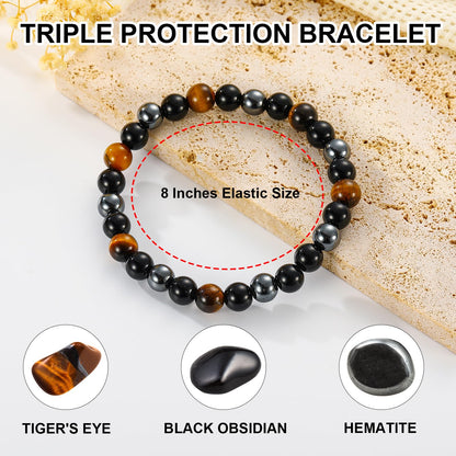 Gnamy Triple Protection Beaded Bracelet Gifts for Men, Tiger Eye Black Obsidian Hematite Bracelets Birthday Valentines Day Anniversary Healing Sobriety Jewelry Gifts for Him Husband Dad Boyfriend Brother