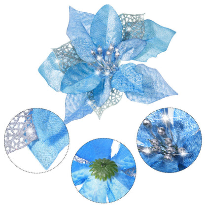 Boao 24 Pieces Christmas Artificial Glitter Poinsettia Flowers Xmas Flowers Wedding Christmas Tree New Year Ornaments(Blue)