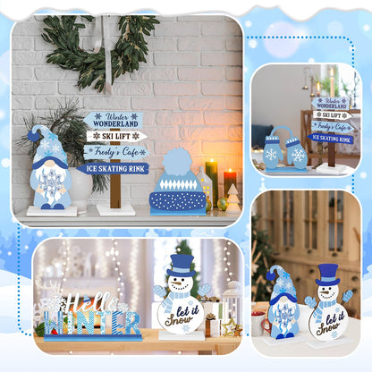 Barydat 6 Pcs Winter Wooden Table Decorations Snowman Snowflake Wooden Centerpieces for Party Black White Blue Tabletop Block Signs Winter Tiered Tray Decor for Home Office Kitchen(Snowman)