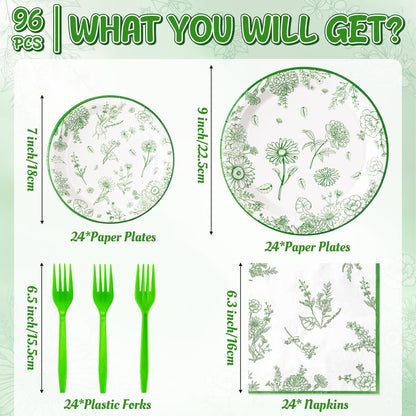 G1ngtar 96Pcs Sage Green Floral Party Plates Supplies Green Toile Chinoiserie Flower Tableware Decorations Disposable Paper Plates Napkins Forks for Birthday Spring Summer Party Wedding, Serves 24