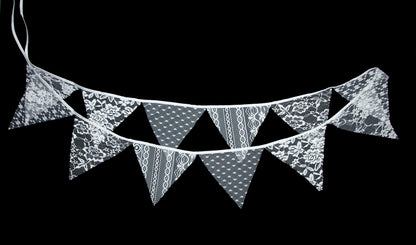 LOVENJOY White Floral Lace Pennant Banner, Fabric Triangle Lace Bunting Flag Garland - 10.8 Feet