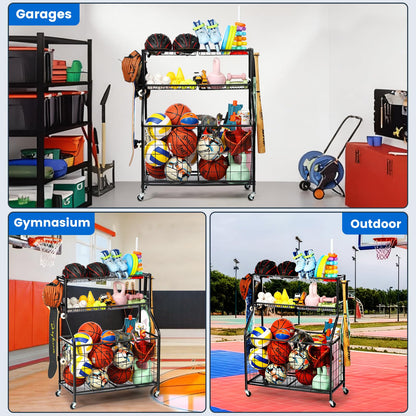 Kinghouse Sport Equipment Organizer for Garage, Steel Basketball Rack with Bat Holder and Hooks, Easy Assembly Storage for Balls, Kids' Toys, Workout Gear, Home Gym, Outdoor