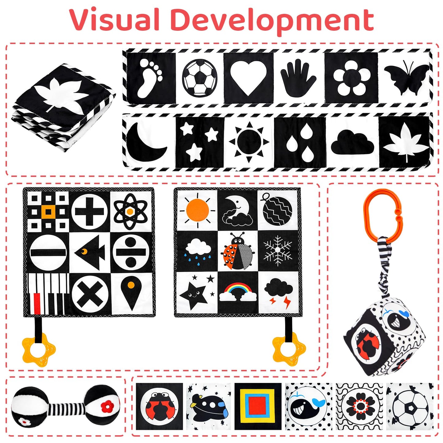 Black and White High Contrast Baby Toys for Newborn, Montessori Toys for Babies 0-6 Months Tummy Time Toys, Infant Newborn Sensory Toy 0-6 Months Soft Book for 0 3 6 6 9 12 Months Boy Girl