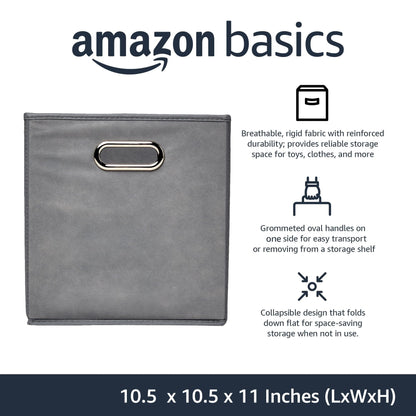 Amazon Basics Collapsible Cube Storage Bins, Space-Saving, Organizing Fabric Bins with Handles, 10.5 x 10.5 x 11 inches, Light Grey, 6-Pack