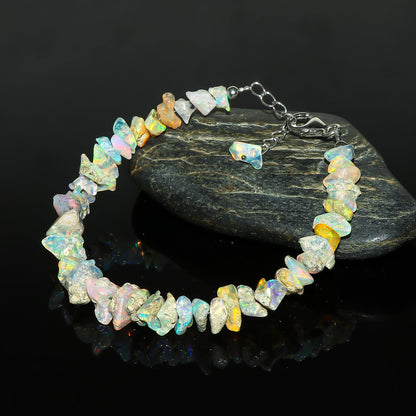 CRYSTALIS Ethiopian Opal Bracelet, Natural Raw Stones, Fire Play Rough Gemstones, Chakra Healing Crystals, Gift Giving Jewelry, Rhodium 925 Sterling Silver Women Bracelet 8 inch