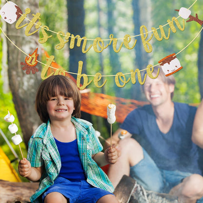 It’s S’more Fun to Be One Banner, Camping Themed 1st Birthday Banner, S'mores Birthday Decor for Baby Boy and Girl, One Happy Camper Decor