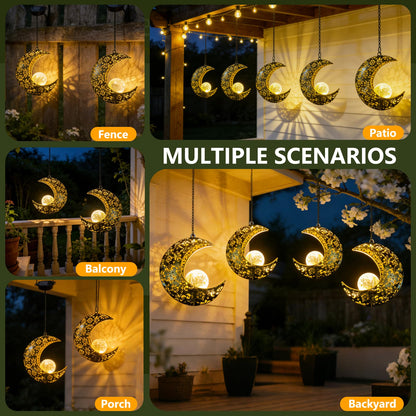 QCF Solar Garden Hanging Moon Lights Outdoor Decor,2 Pack Metal Lanterns Art Decorations for Outside Yard Lawn Patio Wall Fences Driveway Trail,Unique Housewarming Gardening Gifts for Women Mom