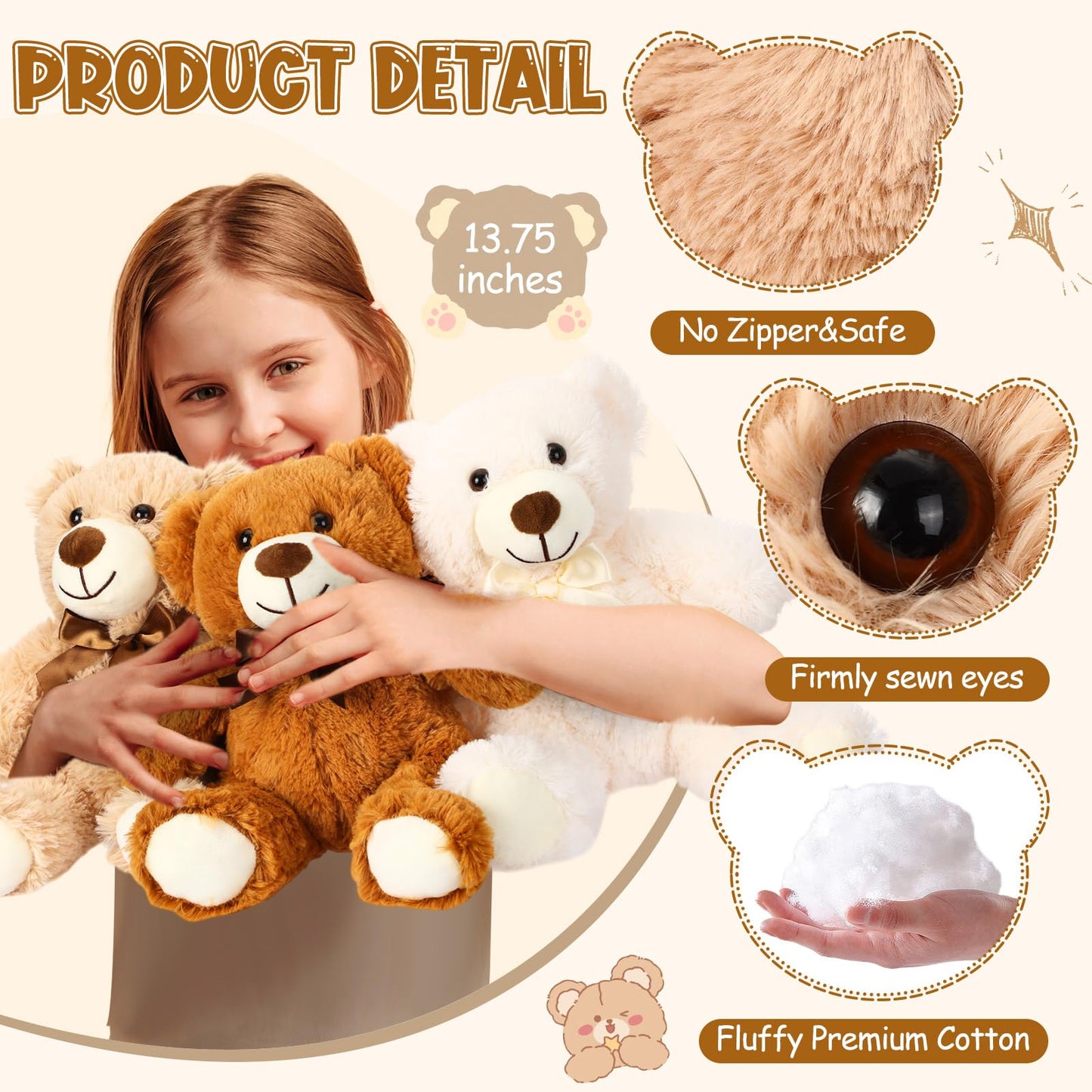 Zhanmai 3 Pcs Bear Stuffed Animals Bulk 13.5 Inch Plush Bear Toy Gifts Soft Cute Plushies for Wedding Engagement Birthday Baby Shower Party Favor(Classic Color)