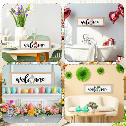 Bucherry Interchangeable Welcome Seasonal Tabletop Sign with 16 Pcs Seasonal Gnome Magnet Icons Holiday Christmas Wooden Horizontal Plaque Hanging Wall Sign Gift for All Seasons Counter Table