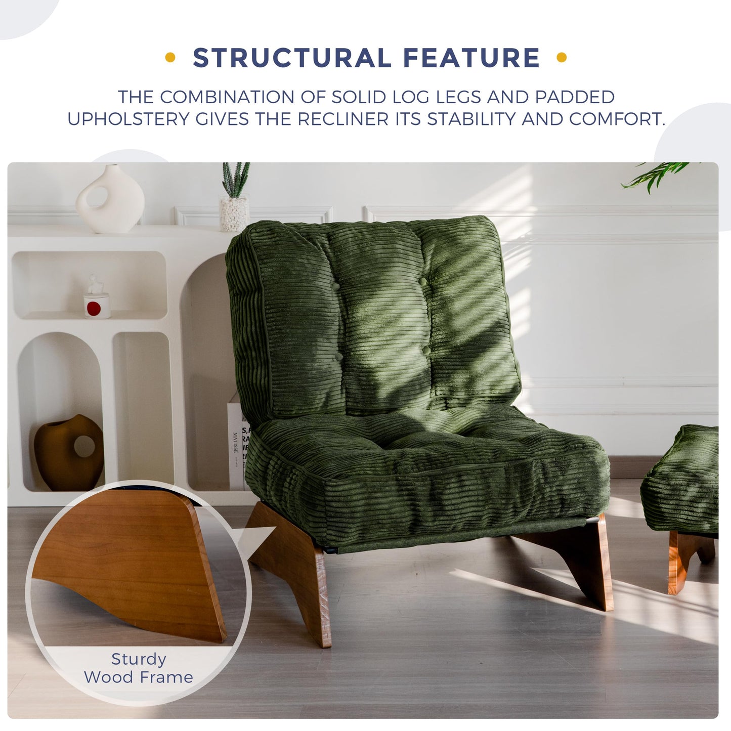 MAXYOYO Accent Chair with Ottoman Adjustable Backrest, Tufted Living Room Chair Upholstered Lounge Chair with Footrest Set, Modern Chair Cozy Reclining Chair for Reading Room, Green