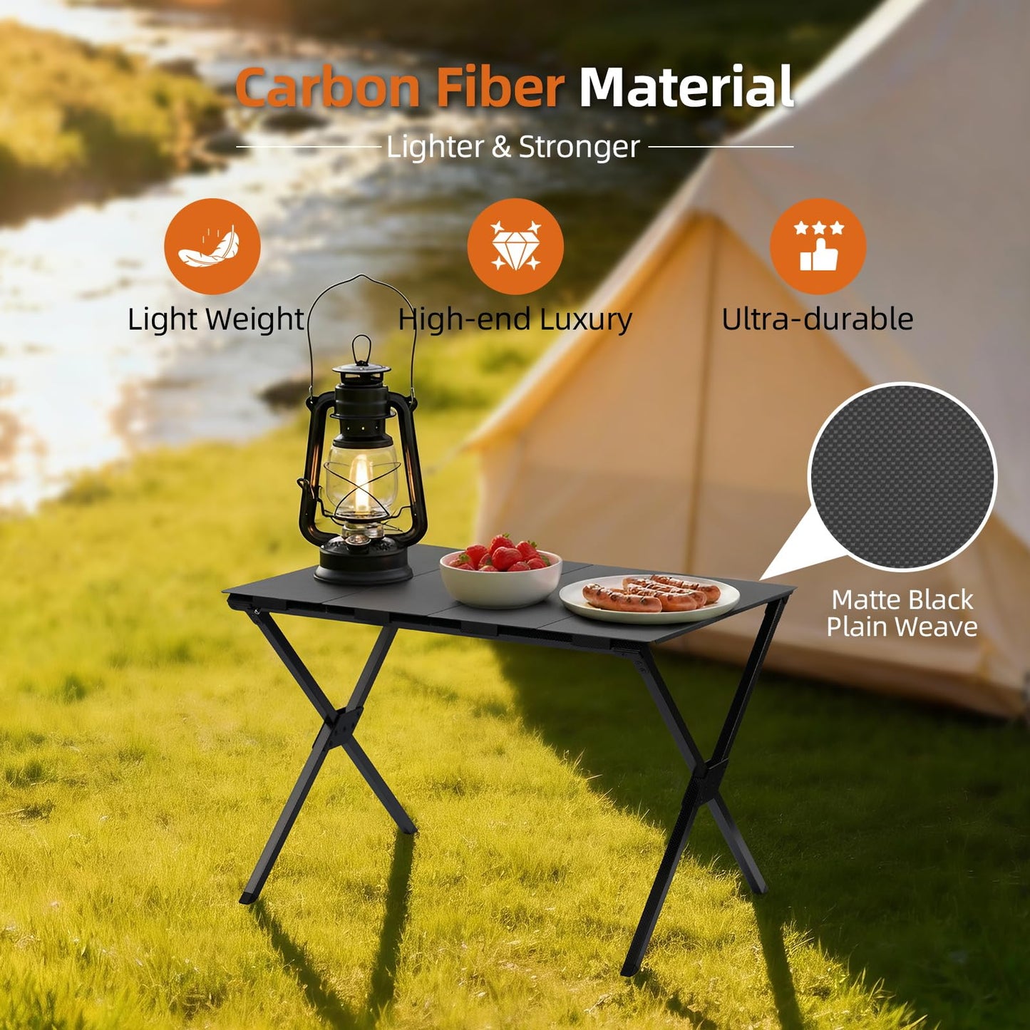 Perfcarf All Carbon Fiber Camping Table，Tactical Table， Outdoor Camping Folding Table, Convenient for Traveling,Picnic, Camping, BBQ, Party, Backyard, Beach (Matte Black Plain Weave)