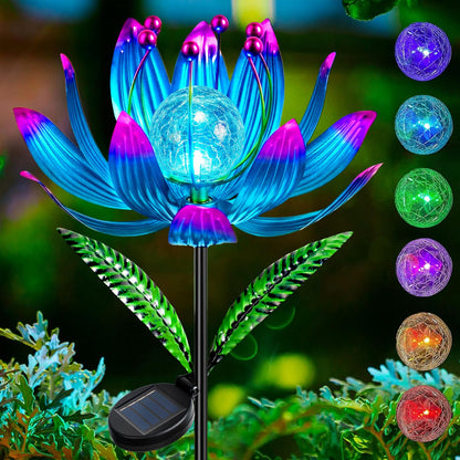 Solar Wind Spinner Outdoor Metal - Kinetic Lotus Flower Garden Sculptures & Spinners with Crackle Glass Lighting, 360° Spinning Yard Art Decor for Patio, Lawn, Pathway, Gifts for Women