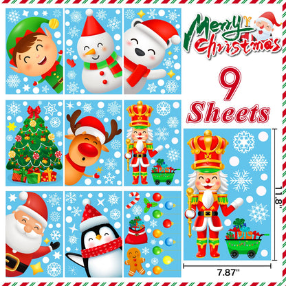 9 Sheets 200+Pcs Christmas Window Stickers Xmas Decals for Glass Snowflake Santa Claus Reindeer Christm Tree Window Cling Sticker for Decorations