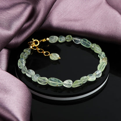 GemSymphony Prehnite Light Gemstone Tumble Bracelet – Hypoallergenic Gold Plated Chain, 7+1 Inch Adjustable, Spring Ring Clasp, Handmade Crystal Bracelet for Women, Natural Stone Healing Jewelry (Prehnite Light)