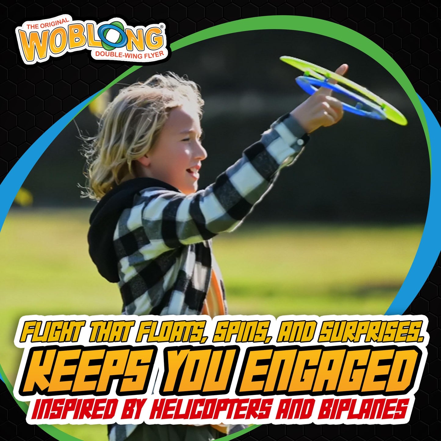 Woblong Double Wing Flyer – Aerodynamic Flying Disc for Families & Adults Playing Catch, Sports Toys for Beach Frisbee & Park Activities, Outdoor Toys for Teens & Frisbees for Adults (Y, BLK, B, R)
