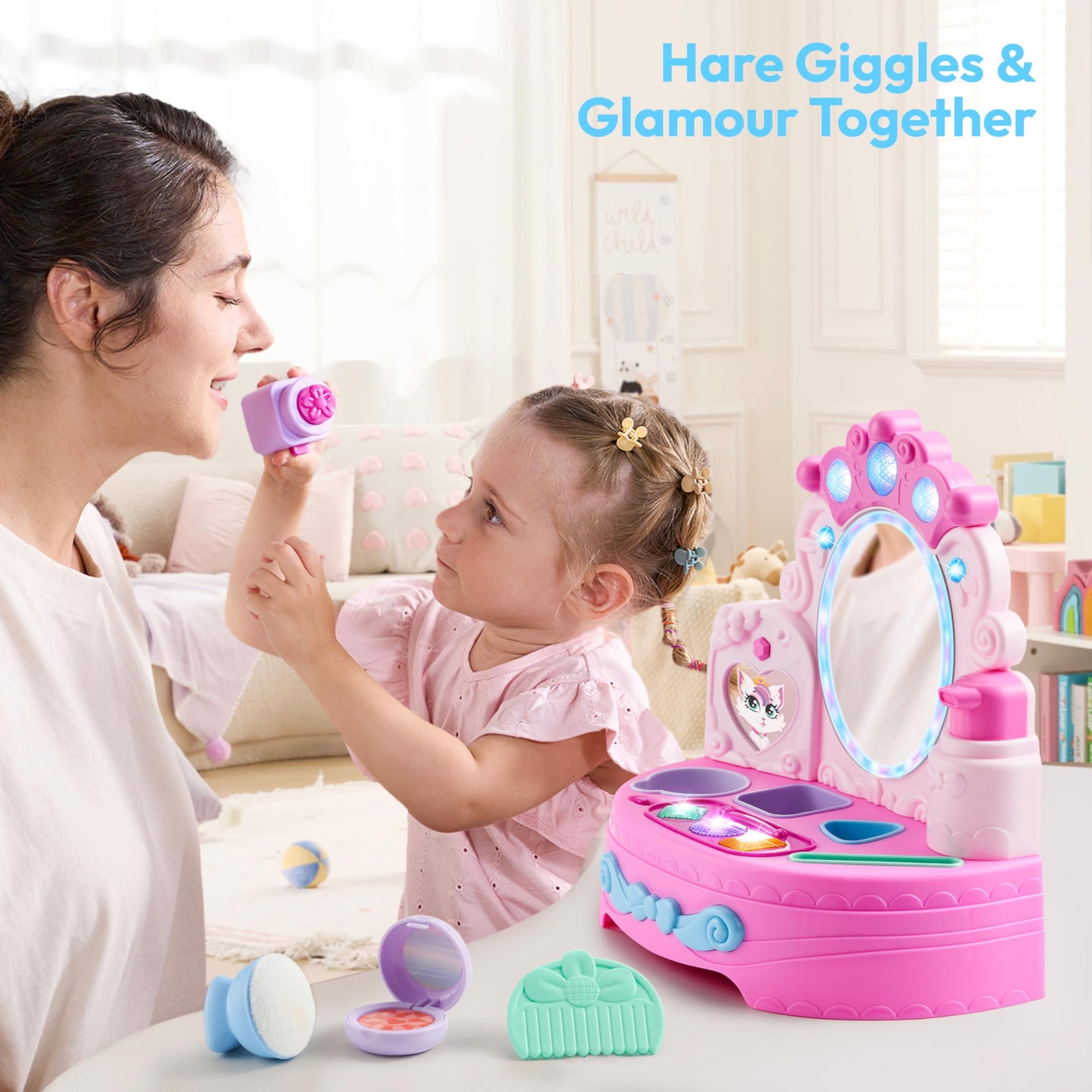 lalalark Toddler Vanity & Baby Vanity Mirror Toy, Interactive Pretend Vanity Set with 40+ Sounds and Music, Learn Musical Mirror Toy, Birthday Gift for 6 Months+ 1 2 3 Year Old Kids Girls