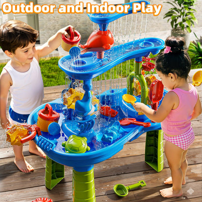 DULONIME 3-Tier Sand and Water Activity Table for Kids 3-8, Sensory Play Table with Waterfall Design & Beach Toy Set, Outdoor Backyard Playset for Toddlers 2-6, Great Birthday Present