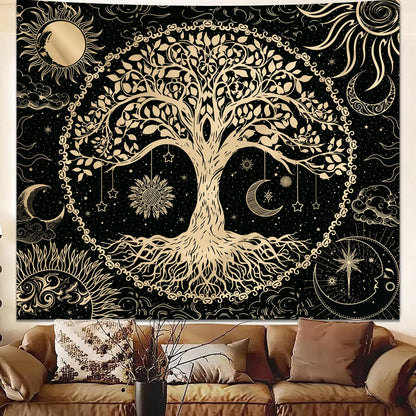 Avinyl Tree of Life Wall Tapestry for Bedroom, Sun and Moon Hippie Tapestries Aesthetic, Black and Gold Wall Hanging Home Decor for Dorm Living Room Office 51in x 60in