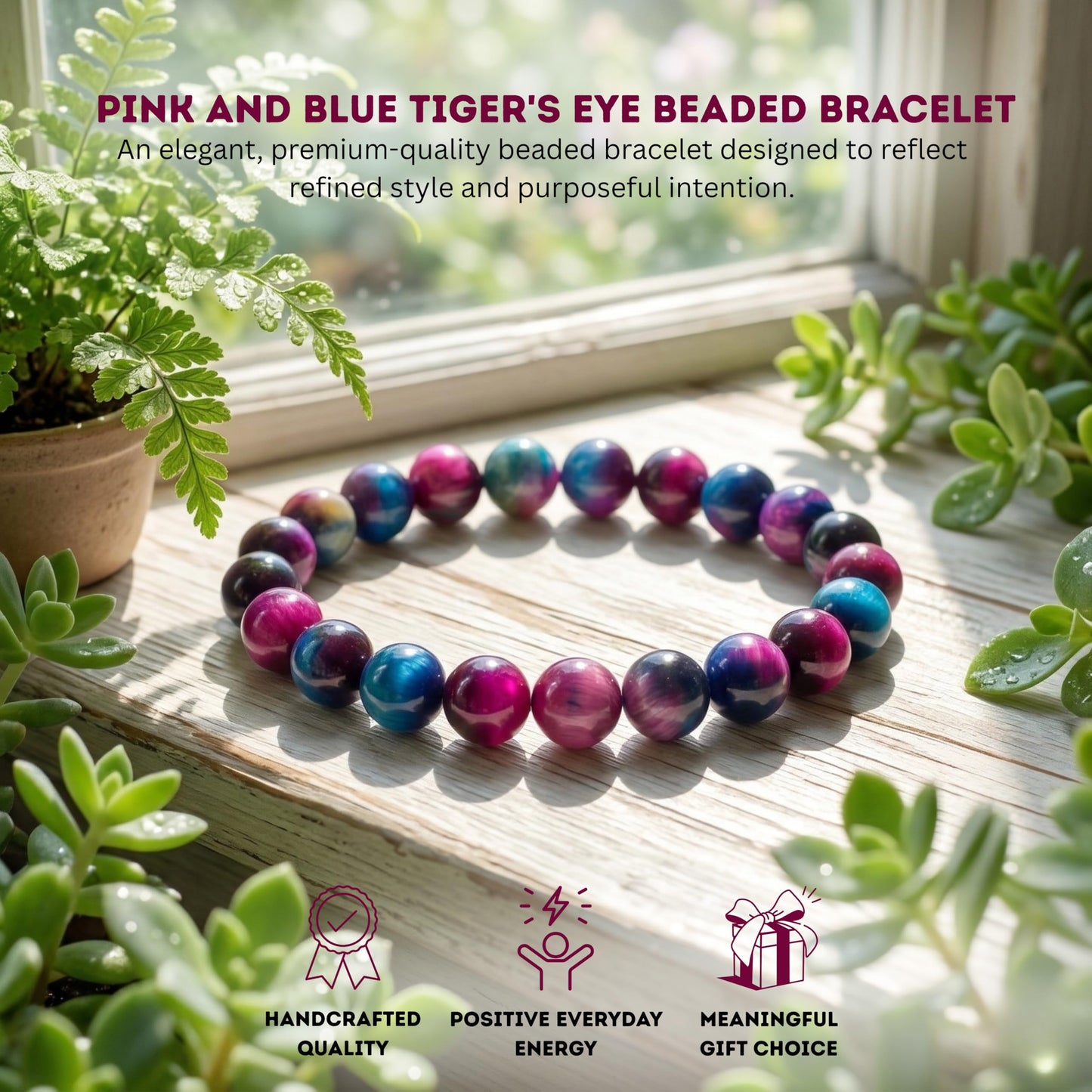 Cherry Tree Collection Pink and Blue Tiger's Eye Beaded Bracelet – Genuine 8mm Gemstone Stretch Bracelet for Men & Women – Handmade Crystal Bracelet - (Pink and Blue Tiger's Eye - M)